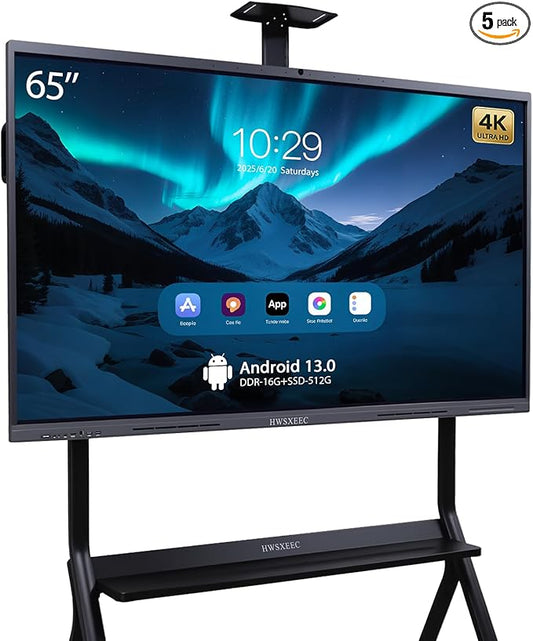 Smart Board 65 Inch Interactive Whiteboard, 4K UHD Touch Screen Digital Board with 20MP Camera, Built-in Android OS for Conference, Office, Teaching - Mount Included