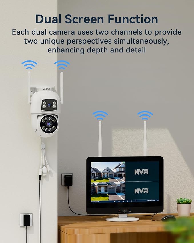 Security Camera System Wireless Outdoor with 12" Monitor, 2pcs 2K Dual Lens Cameras for Home & Business Surveillance, 360° PTZ, 2.4G/5G WiFi, Human Detection, Auto Tracking, 16CH NVR, 500G HDD