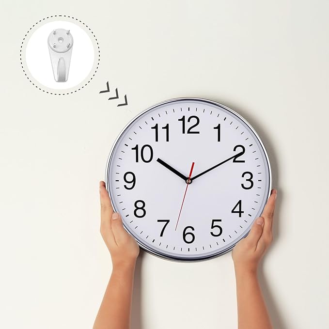 Plumeet Extra Large Wall Clock - 16" Non Ticking Silent Quartz Black Wall Clocks - Simple Design Wall Clocks for Living Room Decor, Battery Operated, Chrome