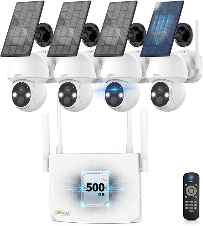 《100% Solar Powered &Full 360° Coverage》Outdoor Wireless PTZ Camera System, 4MP Solar Powered Battery Cameras,Home Video Surveillance, Surveillance DVR Kits