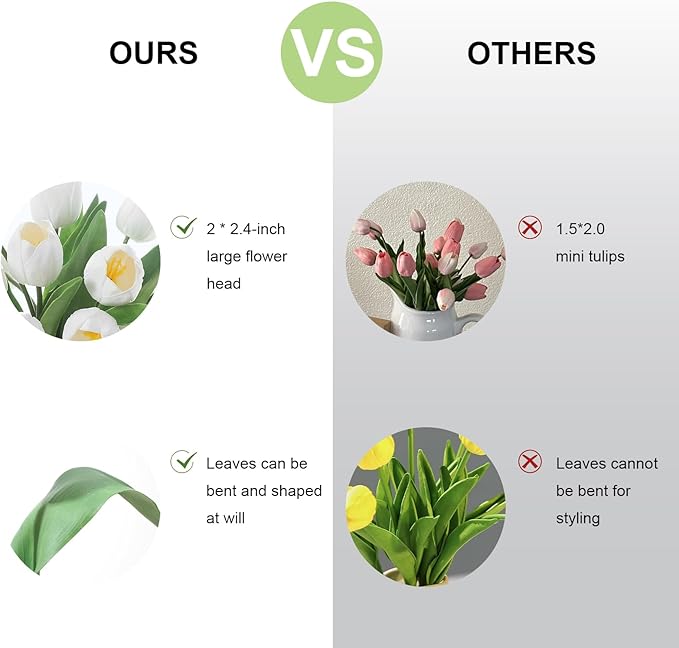 White Artificial Tulips, 2 Bundles 14Pcs, Fake Tulips Artificial Flowers, 2 x 2.4 Inch Large Flower Head Big Tulip, Easter Valentine's Day Mother's Day Home Decoration Flowers
