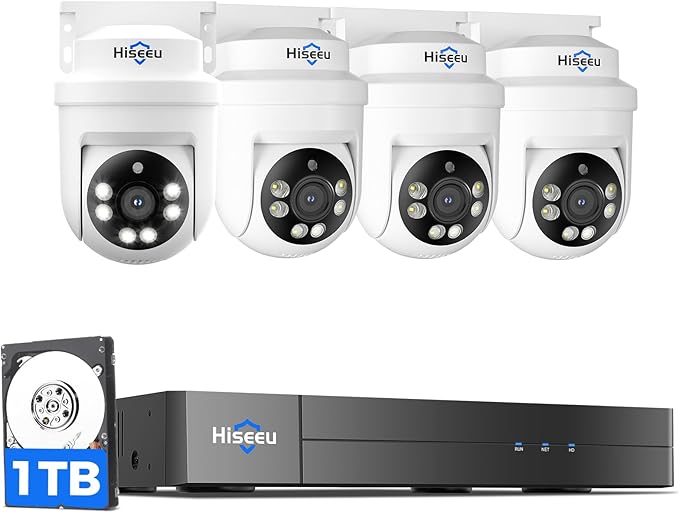 Hiseeu 3K 360°View PTZ Wired Security Camera System with Color Night Vision,Audio 8ch 5MP DVR,4PCS Cameras,1TB HDD,Person/Vehicle Detection,Home CCTV Camera System Outdoor,24/7 Record