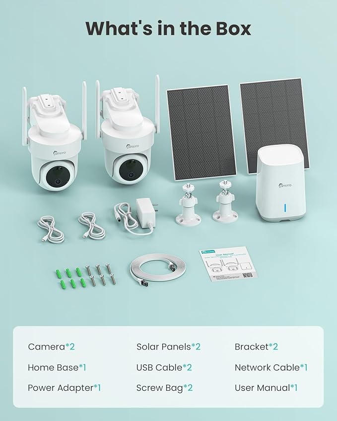 4K Security Cameras Wireless Outdoor No Subscription, 360° PTZ Home Security Cameras System, 64G Local Storage Home Hub, Human/Vehicle/Pet Recognition AI, Color Night Vision, 2 Cam-Kit