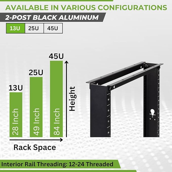 NavePoint 13U 2 Post Open Frame Server Rack for 19 Inch Equipment, AV, Networking, Data & IT Devices, 2-Post Rack 13U 661lbs Weight Capacity, Black