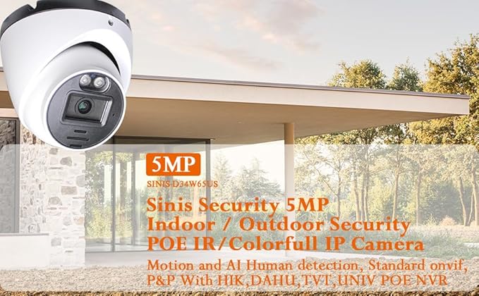 Sinis 5mp Wired Security Camera Outdoor, IP PoE Dome Surveillance Camera, Human & Motion Detection, Only Work with NVR, 100Ft Dual Light Night Vision, IP67,2.8mm Lens, Build in Mic