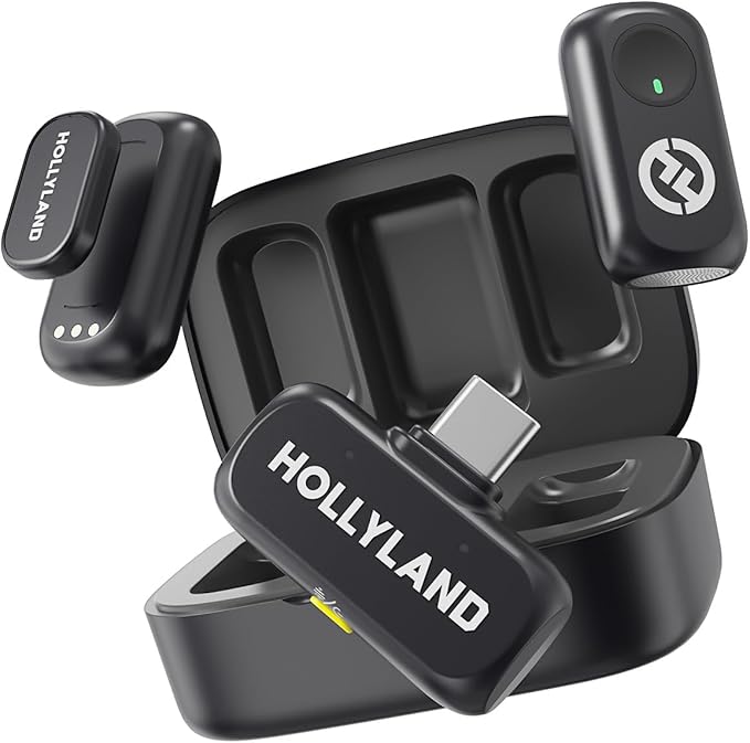 Hollyland Lark A1 Wireless Microphone for iPhone 17/16/15 & Android, 48kHz/24-bit, 3-Level Intelligent Noise Cancel, Mini Mic for YouTube, Podcast, Vlogging (Black, 2TX + USB-C RX + Charging Case)