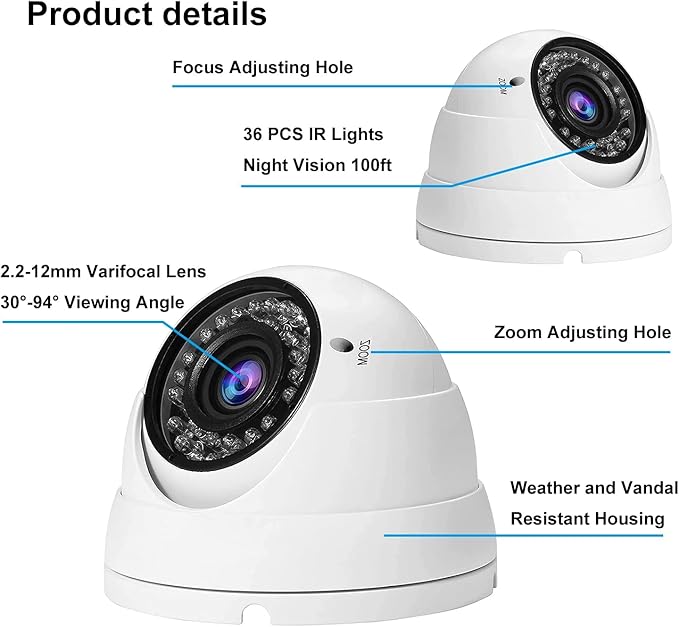 2MP CCTV Camera HD 1080P 4-in-1 (TVI/AHD/CVI/960H/CVBS) Security Dome Camera, 2.8-12mm Varifocal Lens Analog Video Surveillance, Wide Angle Viewing Day & Night Indoor Outdoor Waterproof (White)