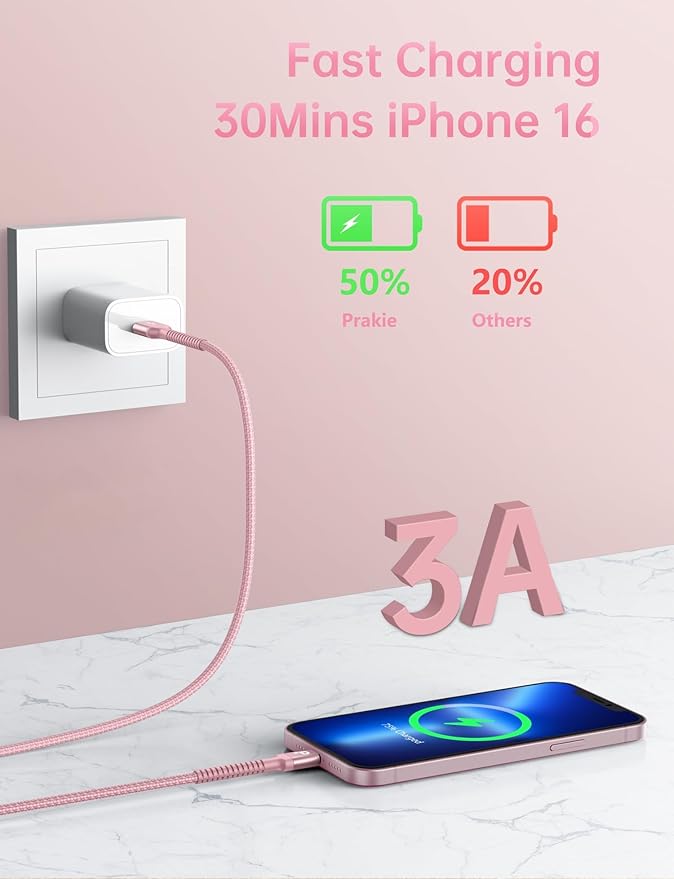 iPhone 16 USB C Cable Fast Charging [2 Pack, 6FT], USB A to USB C Charger Cord, Upgraded Extra Durable Braided USBC Cable Compatible with iPhone 17 16 15 Pro Max, LG and More-Pink