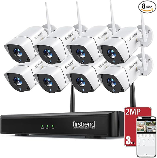 Firstrend Wireless Security Camera System,2MP 8 Channel CCTV P2P Surveillance H.265 NVR System with AI Human Detection, 2-Way Audio,3TB Hard Drive 24/7 Recording 8 Cameras for Home