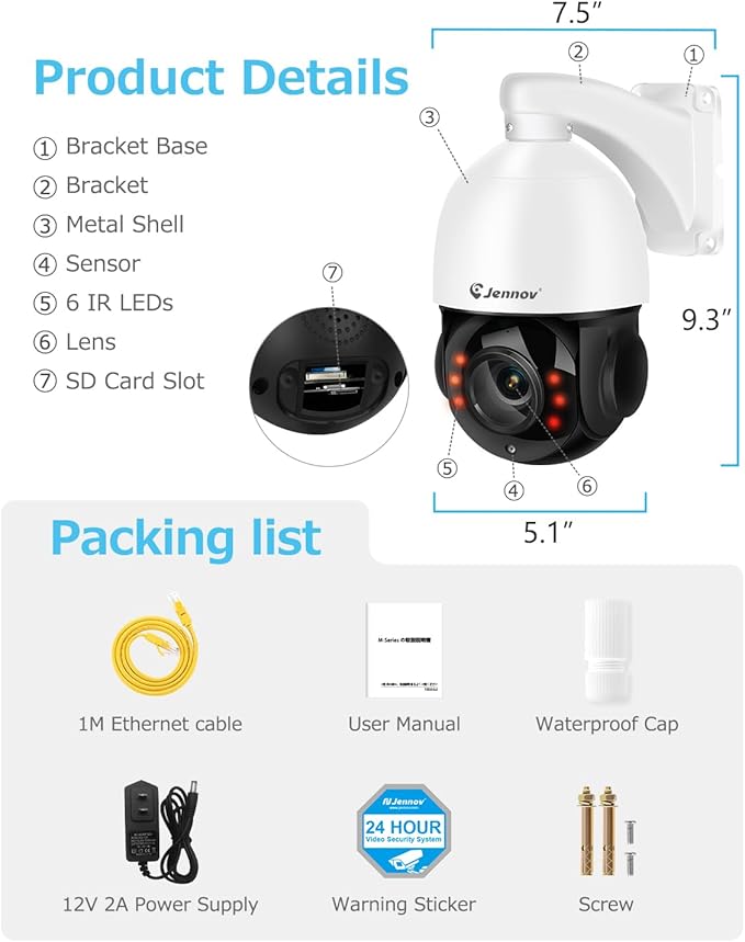 Jennov 4K 8MP Outdoor PTZ IP POE Camera with Pan Tilt 20X Optical Zoom & Human Detection, Speed Dome Security Camera with 320ft IR Night Vision, Auto Tracking, Only Work with POE NVR