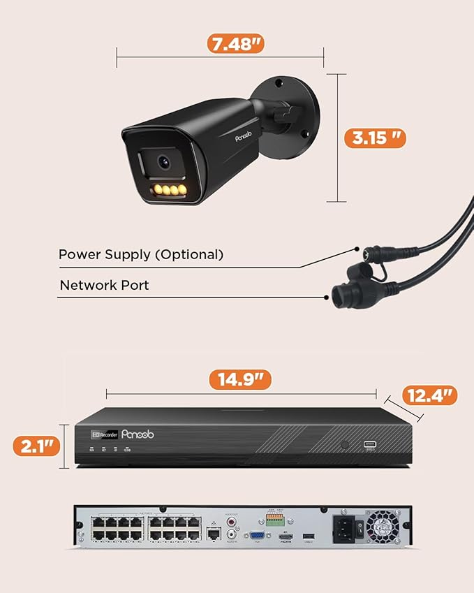 16 Channel Security Camera System 4K PoE, 16x 8MP IP Bullet Cameras Outdoor, 16CH NVR & 4TB HDD, Smart Color Night Vision, 2 Way Audio, AI Human Vehicle Detection, Remote Access, PB65B1616-8MD