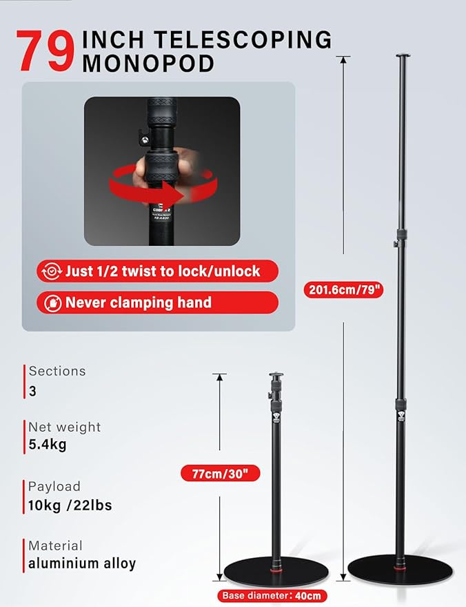 IFOOTAGE A400 Round Base Monopod, 79'' Light Stand Tripod Alternative, Aluminum Studio Camera Tripod Monopod Stand for Video Recording, Live Streaming, Interview, Payload 22lb