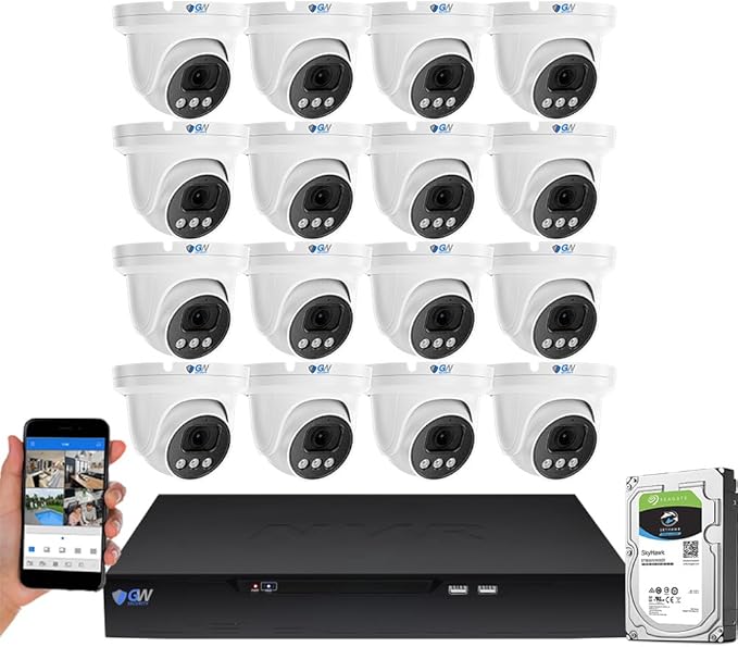 GW Security 16 Channel NVR UltraHD 4K Face Recognition NDAA & TAA Compliant Security Camera System with 16 x 8MP @25FPS Outdoor & Indoor PoE Turret Cameras, 10 Smart AI Functions