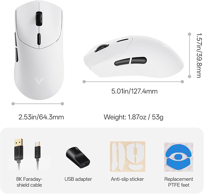 Rapoo VT7 Wireless Gaming Mouse, True 8K Wireless Polling Rate, 53g Lightweight, Up to 750 Hr Battery, Nordic nRF54L15 MCU, 100-Million Mechanical Switch, 10 Programmable Buttons, White
