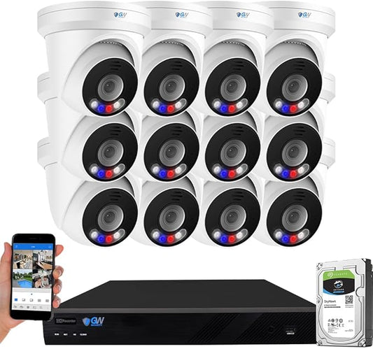 GW Security 32 Channel NVR UltraHD 12MP (4000x3000) Face/Human/Cars Detection PoE Security Camera System with 12 x 6K 12MP Full Color Night Vision Waterproof 2-Way Audio Dome Cameras