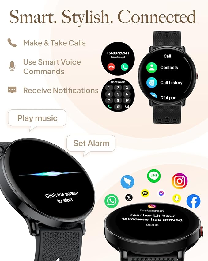 Smart Watch for Women Men, for Android iOS with Sleep & Calorie Monitor, Pedometer Fitness Tracker, Bluetooth Call, IP68 Waterproof, 112+ Sport Modes Round Face Smartwatch (Casual, Black, 1.39)