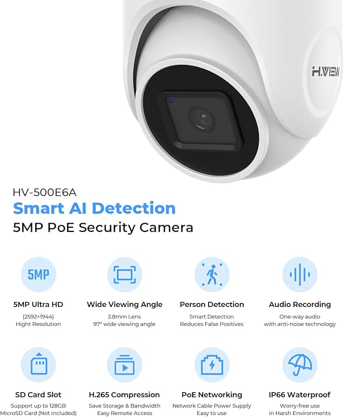 (Hikvision Compatible) H.VIEW 5MP Outdoor POE Camera Dome Turret IP Security Camera, 100ft IR Night Vision, 2.8mm Fixed lens, H.265+ IP PoE Outdoor Camera, RTSP,RTMP WDR,Support SD Card