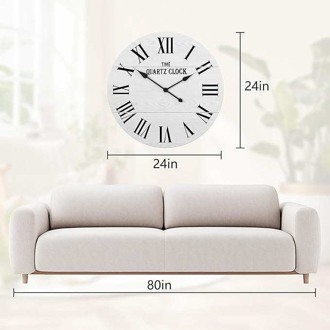 ARTPOWER Large Farmhouse Wall Clock, 24” Shiplap Wall Clock with Roman Numeral, Nearly Non-Ticking, Round Wall Clocks for Living Room Decor, Office, Bedroom, Entrance, White