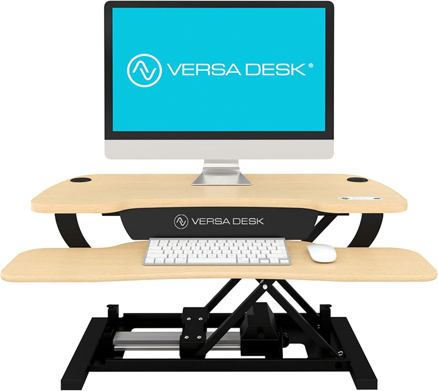 VERSADESK® PowerPro™ Elite 36” x 24" – App Controlled Electric Standing Desk Converter w/USB Charging Port. Raises up to 20”. Fully Assembled – Includes LED Lights. Supports 80 lbs. – Maple