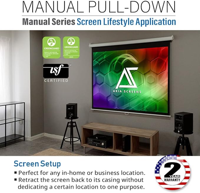 Akia Screens 125 inch Projector Screen Pull Down Manual B 1:1 8K 4K HD 3D Ceiling Wall Mount White Portable Projection Screen Retractable Auto Locking for Indoor Movie Home Theater Office AK-M125S1