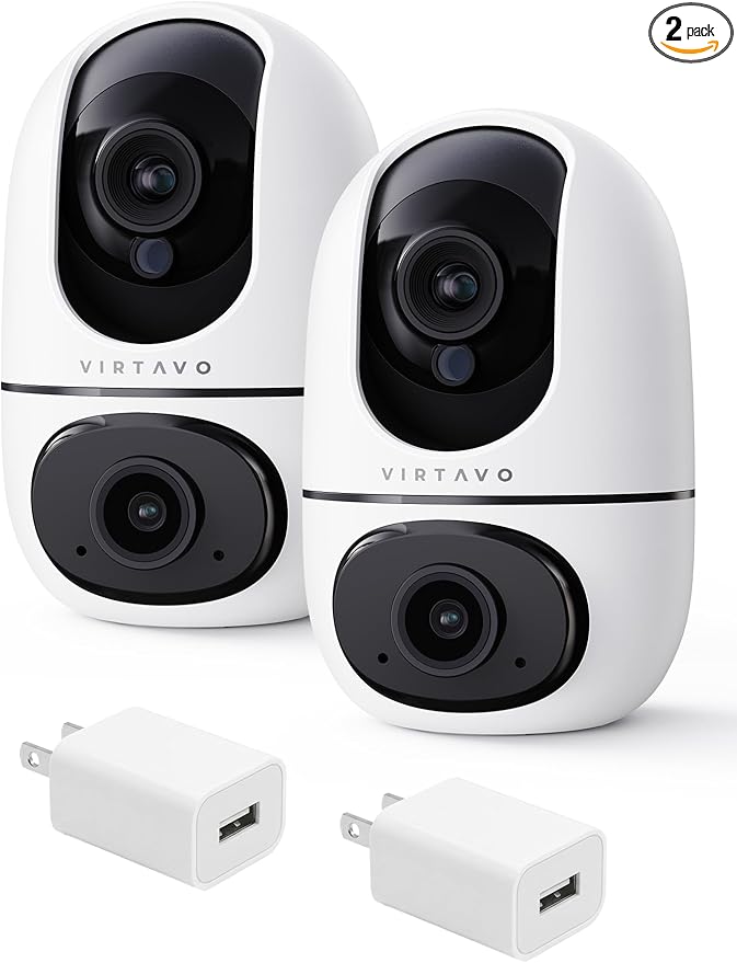 virtavo XD1 Indoor Pet & Baby Camera, No Subscription Required, Dual-Lens 360° PTZ, Motion Tracking, 2-Way Audio, Night Vision, Cloud/SD Storage, Phone App, WiFi, 2-Pack, Power Adapter Included