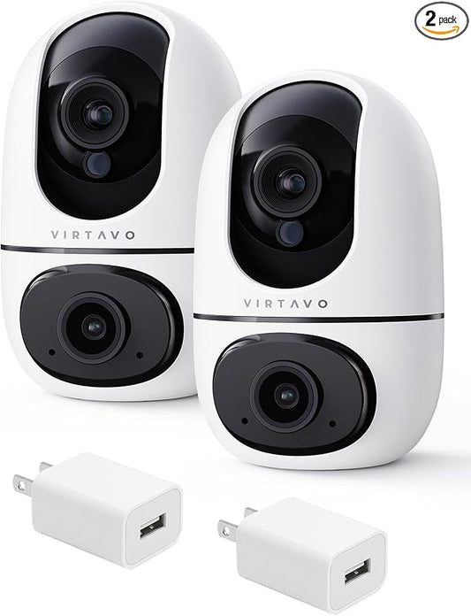 virtavo XD1 Indoor Pet & Baby Camera, No Subscription Required, Dual-Lens 360° PTZ, Motion Tracking, 2-Way Audio, Night Vision, Cloud/SD Storage, Phone App, WiFi, 2-Pack, Power Adapter Included