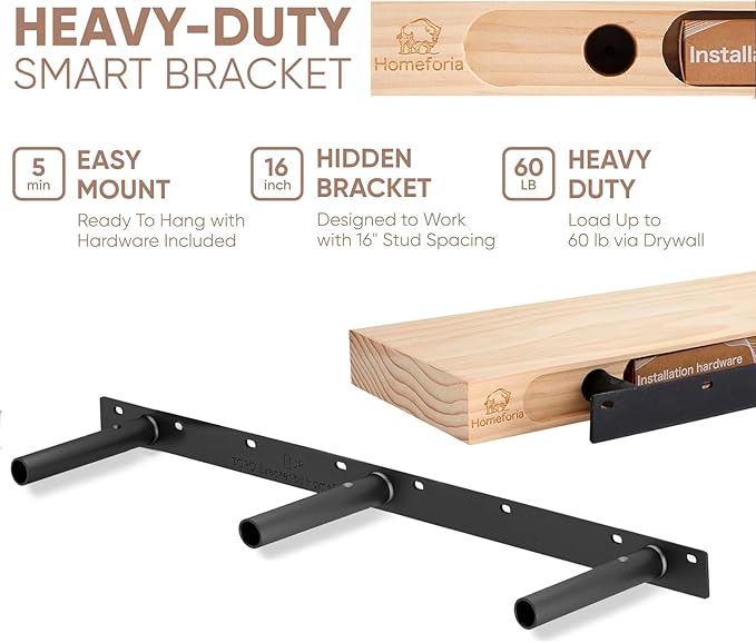 Homeforia 48 inch Walnut Floating Shelf, High End Solid Real Wood Large 48inch Floating Shelves for Wall, Dark Brown 48 inches Long Floating Shelves, Heavy Duty Bracket, 48 X 6.5 X 1.75 inch, Set of 2