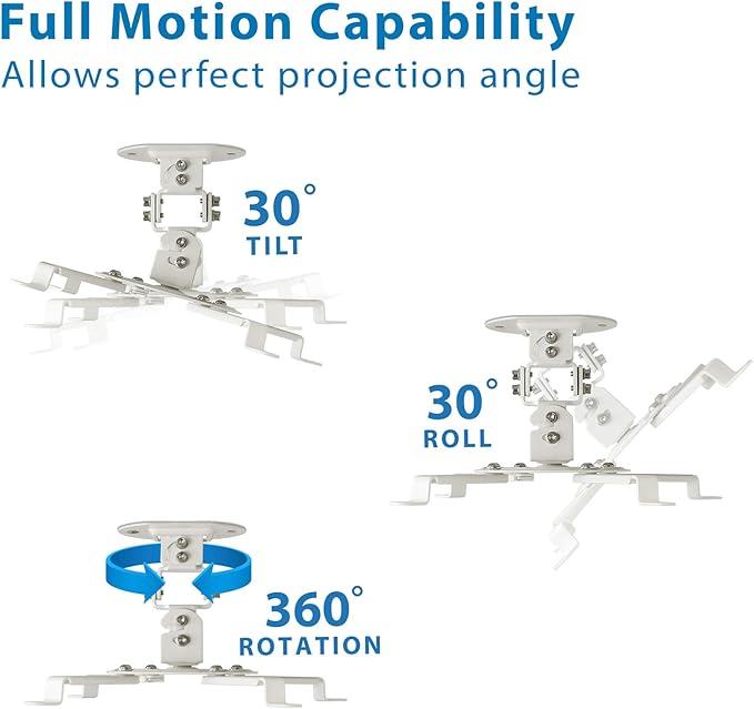 Mount-It! Low Profile Projector Ceiling Mount [30 lbs Capacity] Universal Bracket | 360 Full Motion Rotation with 30 Degree Tilt and Roll | 6 Inches High (White | Short)