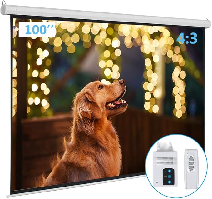 Motorized Projector Screen with Remote Control, No Wrinkles, Without Dents, HD Screen, for Home Theater Office Classroom TV Usage (100in 4:3)