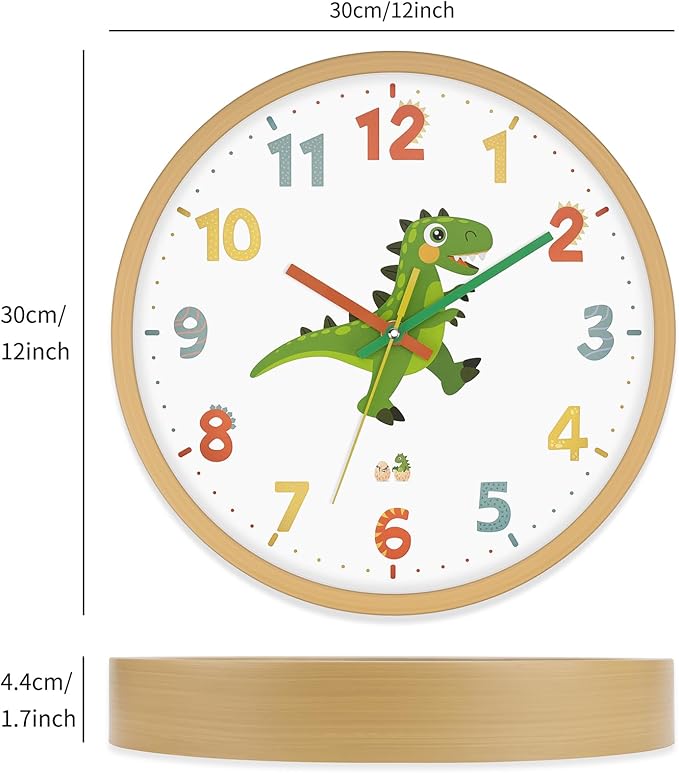 Dinosaur Wall Clock for Kids Bedrooms 12 Inch Silent Non-Ticking Battery Operated Analog Clocks Kids Wall Clock for Classrooms, Kids Bedrooms, Playrooms and Nursery for Toddler Children