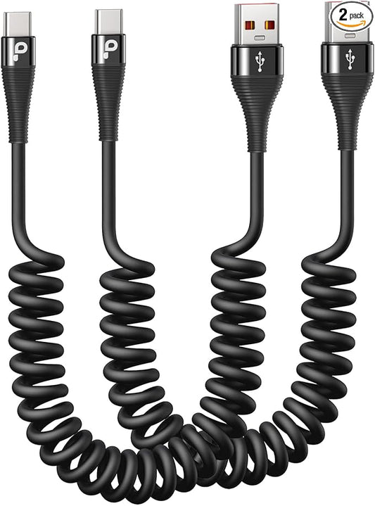 USB C Cable Fast Charging, 2Pack 3ft Coiled USB A to USB C Charge Cable for Car, USB-C Charging Cord Compatible with iPhone 17/16/15/Pro Max/Plus/Samsung Galaxy S20 S10 and More Type C Devices-Black