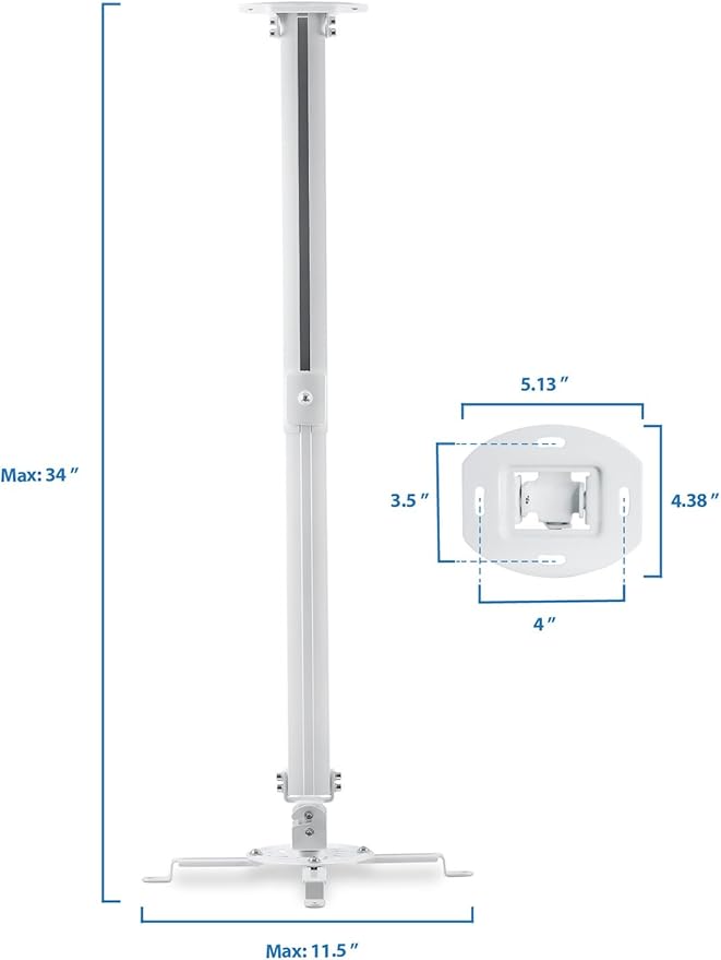 Mount-IT! Projector Ceiling Mount [30 lbs Capacity] Universal Bracket | 360 Full Motion with Tilt and Swivel Rotate | Adjustable Pole Height from 21-34.5 Inches, Extendable Arms (White | Long)