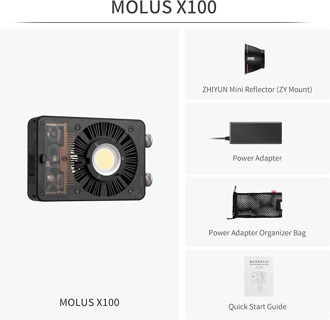 ZHIYUN MOLUS X100 Bi-Color Standard 100W Video Light [Official] V2 Upgraded Version Professional Photography Lighting Portable Continuous Output Lighting 2700~6500K CRI≥95 TLCI≥97（No Battery）