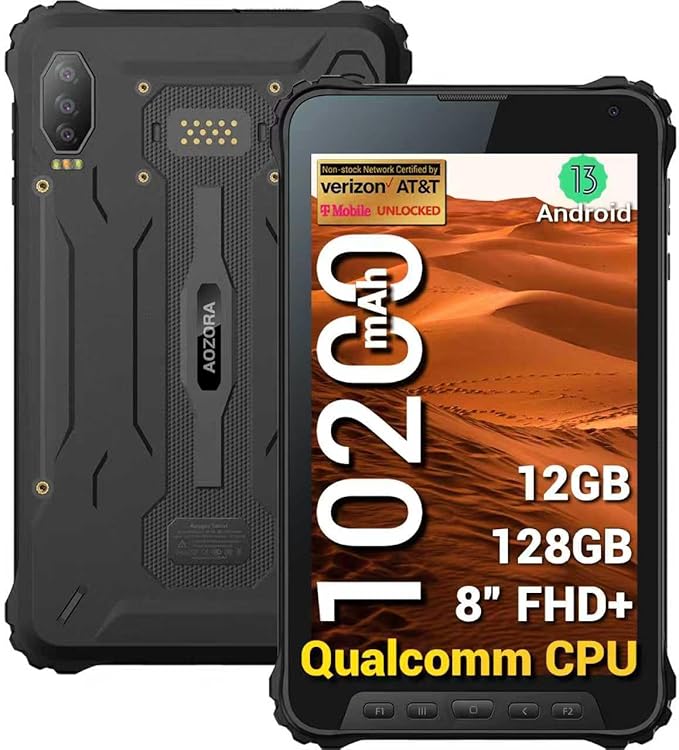 AOZORA K8 Active Rugged Tablet, 8 Inch FHD+ 600nits Glove Touch AT&T/Verizon Network certified PTCRB T-Mobile Unlocked Qualcomm8-Core 12+128GB 20MP night vision+25MP Camera 10200mAh IP68&IP69K/NFC/GPS