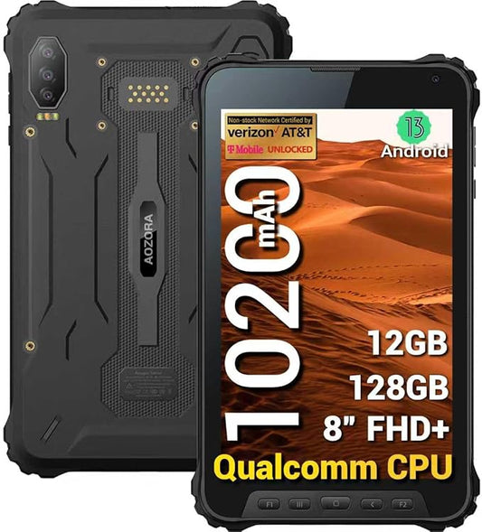AOZORA K8 Active Rugged Tablet, 8 Inch FHD+ 600nits Glove Touch AT&T/Verizon Network certified PTCRB T-Mobile Unlocked Qualcomm8-Core 12+128GB 20MP night vision+25MP Camera 10200mAh IP68&IP69K/NFC/GPS