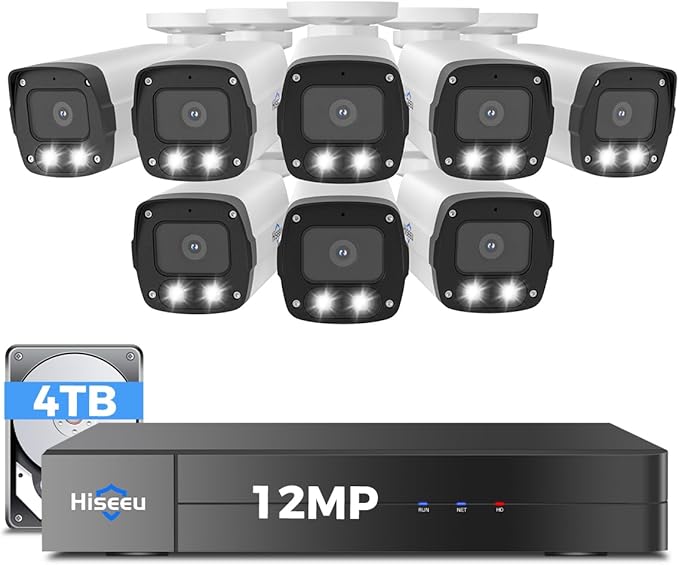 Hiseeu 12MP PoE Security Camera System, 8 Pcs 12MP Security Cameras, 121° Wide View, Person Vehicle Detect, 2-Way Audio, Soptlights Color Night Vision, 16 CH PoE NVR with 4TB HDD for Home Surveillance