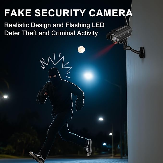 WALI Dummy Fake Camera, Solar Powered Fake Security Camera with LED Light, Simulated Surveillance Security CCTV Dome Cameras with Antenna and Warning Sticker Indoor Outdoor (SOL-TCB2), 2 Packs, Black