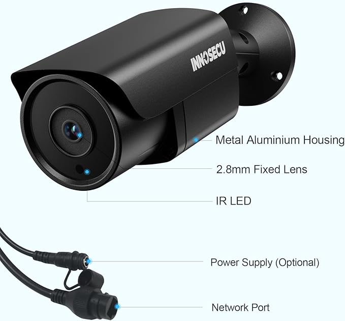 8MP Bullet IP PoE Camera, Surveillance Security Camera, Outdoor Waterproof lP67, Built-in Mic, Night Vision 100ft, 2.8mmLens Wide Angle 110°, Human and Vehicle Detection, INB8BR37E-B (Black)