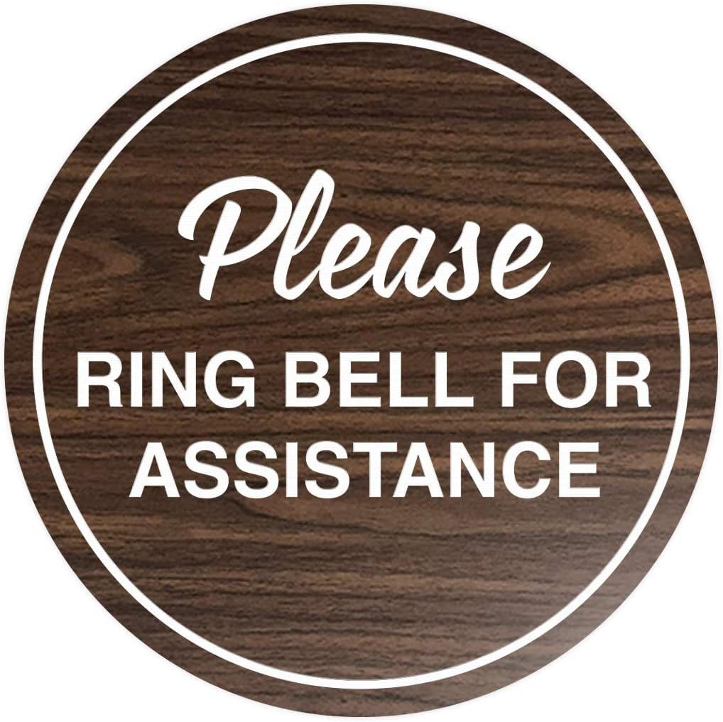 Signs ByLITA Circle Please Ring Bell For Assistance Wall or Door Sign | Easy Installation | Front Desk Reception Sign (Walnut) - Large (2 Pack)