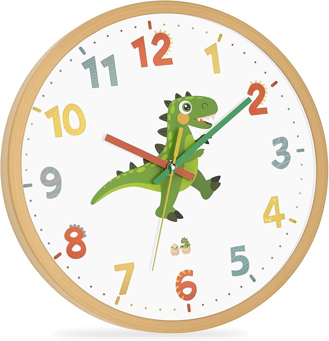 Dinosaur Wall Clock for Kids Bedrooms 12 Inch Silent Non-Ticking Battery Operated Analog Clocks Kids Wall Clock for Classrooms, Kids Bedrooms, Playrooms and Nursery for Toddler Children