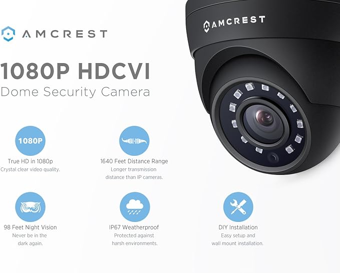 Amcrest Full HD 1080P 1920TVL Dome Outdoor Security Camera, 2MP 1920x1080, 3.6mm Lens 90° Viewing Angle, Black (REP-AMC1080DM36-B) (Renewed)