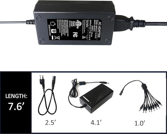 TIGERSECU Security Camera Power Adapter with 9-Way Power Splitter, 12V 5A 100V-240V 2.1x5.5mm Power Supply, Compatible with Lorex, Samsung, Q-See, Night Owl, Swann, Annke IP and BNC Cameras