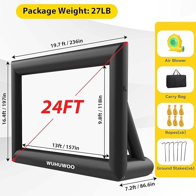 Inflatable Movie Screen Outdoor, 24FT Blow Up Projector Screen for Outside with Air Blower and Carry Bag, Support Front & Rear Projection Easy Set Up for Backyard Movie Night Pool Party