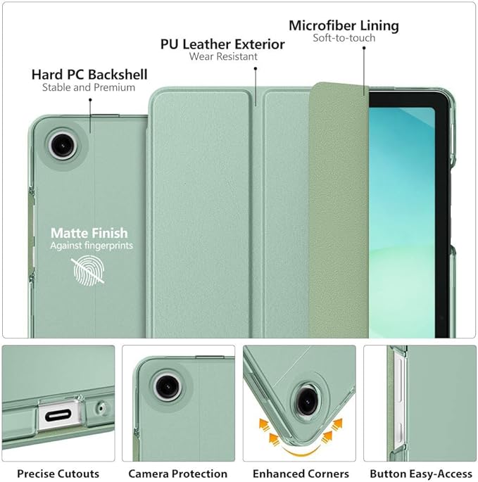 MoKo Case for Galaxy Tab A11+ Plus/A9+ 11-Inch 2025/2023, Slim Stand Protective Smart Cover with Hard PC Translucent Back Shell for Galaxy Tab A11+/A9 Plus Tablet, Auto Wake/Sleep, Agave Green