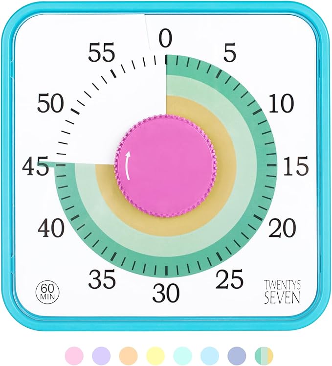 TWENTY5 SEVEN Countdown Timer 7.5 inch; 60 Minute 1 Hour Visual Timer â Classroom Teaching Tool Office Meeting, Mechanical Countdown Clock for Kids Exam Time Management Magnetic, Colorful