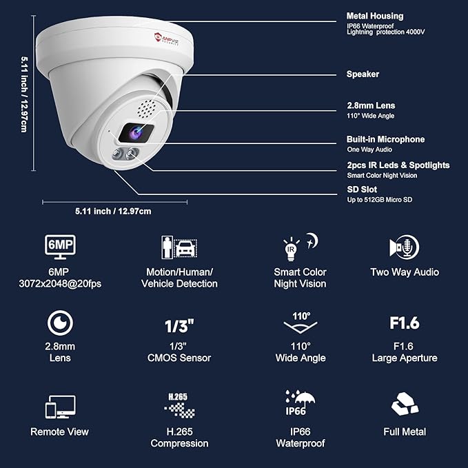 Anpviz 6MP PoE Camera, Turret 6MP UltraHD IP Camera Outdoor with Mic & Speaker, 100FT Smart Color Night Vision, PoE Security Cameras with AI Human Vehicle Detection, MicroSD Slot (U Series)