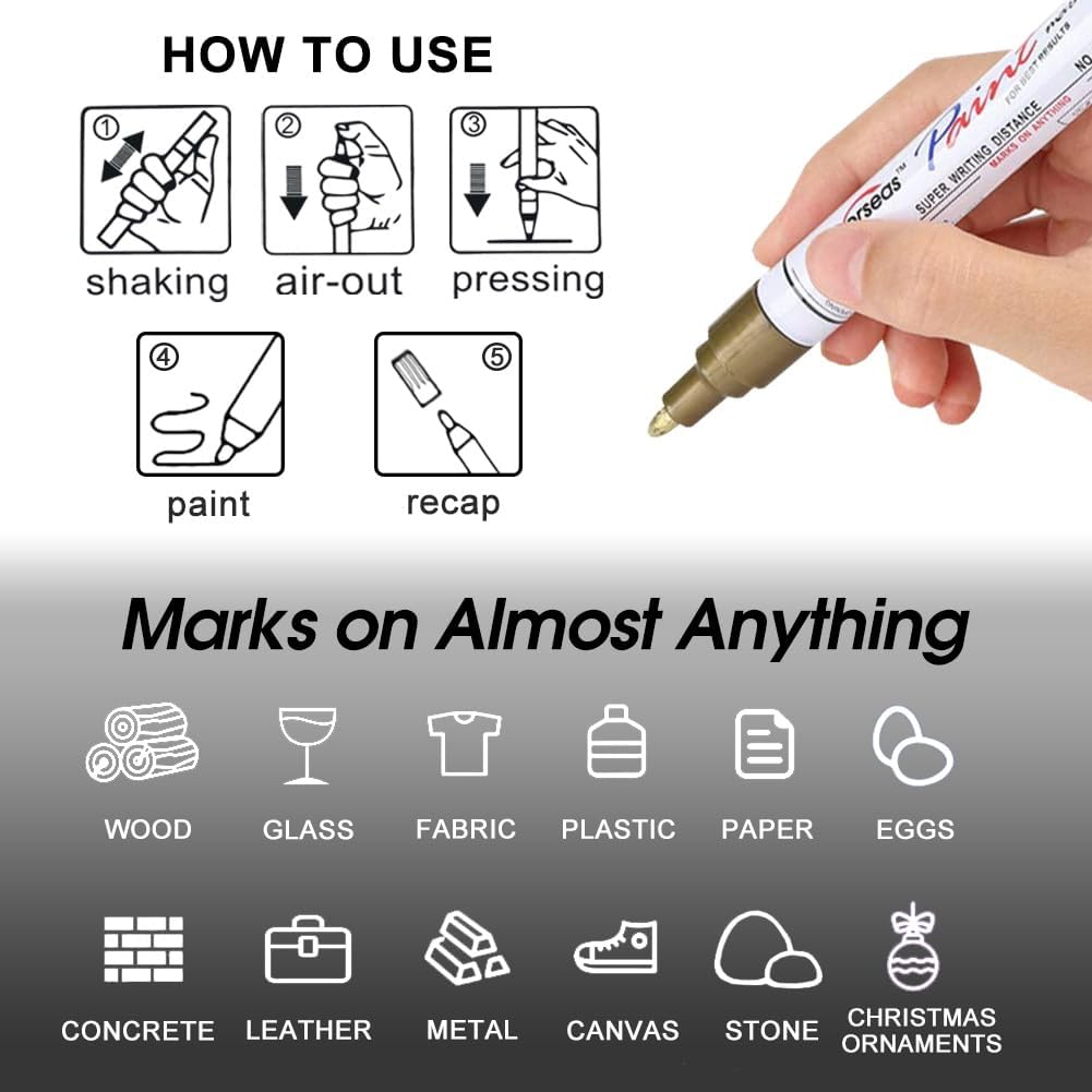 Overseas Permanent Paint Pens White Markers - 2 Pack Single color Oil Based Paint Markers, Medium Tip, Quick Drying and Waterproof Marker Pen for Metal, Rock, Wood, Plastic, Canvas, Rubber, Glass
