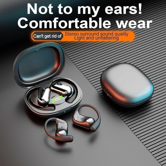 Open Ear Bluetooth 5.4 Headphones, Wireless Earbuds Sport Over Earphones Built-in Mic with Ear Hooks 50H Playtime Ear Buds LED Display Charging Case, Waterproof Design for Running Fitness, Black