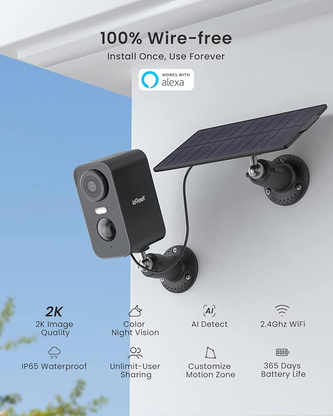Solar Security Cameras Wireless Outdoor, ieGeek 2 Pack 2K WiFi Battery Camera System for Home Surveillance, Battery Powered Cam with 3MP Color Night Vision, PIR, AI, 2-Way Talk, IP65, Works with Alexa