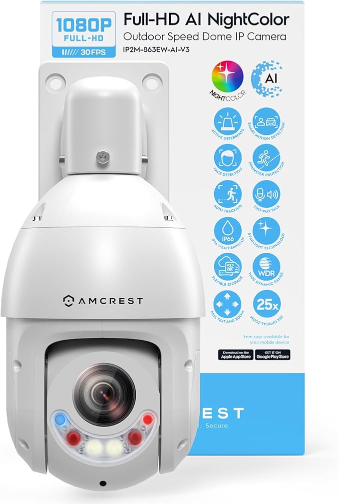 Amcrest 2MP Outdoor PTZ POE + IP Camera Pan Tilt Zoom (Optical 25x Motorized) Camera Security Speed Dome, CMOS Image Sensor, 328ft Night Vision, POE+ (802.3at) F1.6, IP66, IP2M-863EW-AI-V3